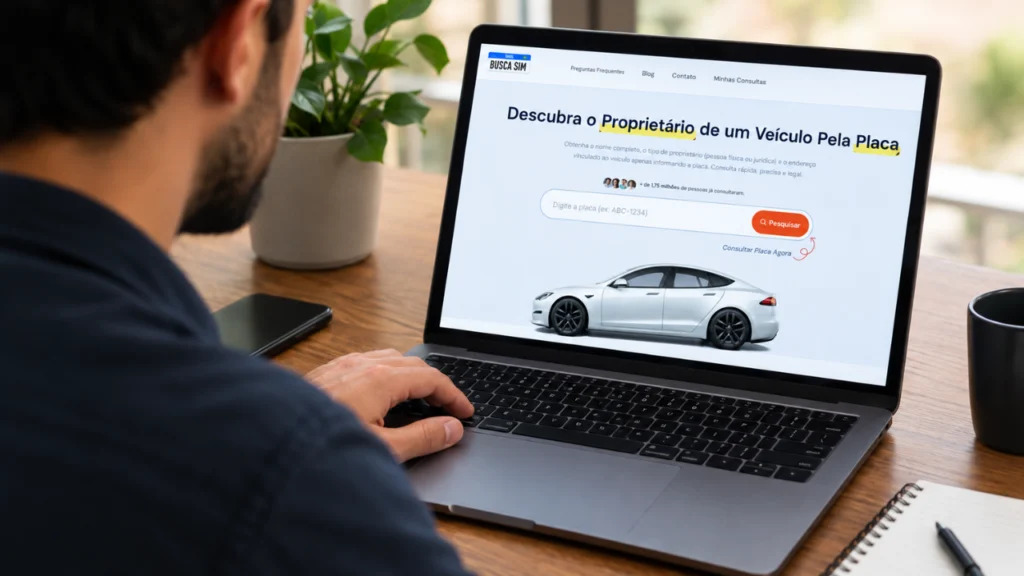 Foto de um homem branco (caucasiano) realizando uma pesquisando em seu notebook o site do BuscaSim para saber como consultar proprietário pela placa