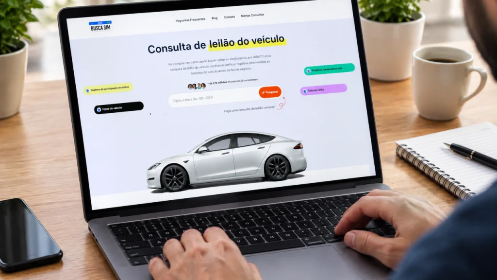 Pessoa Consulta de Leilão Veicular no Laptop em alusão a pauta "Como consultar veículo de leilão pela placa?"