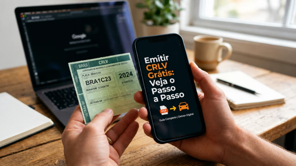 Pessoa segurando um documento CRLV e um celular com orientações para emitir CRLV grátis