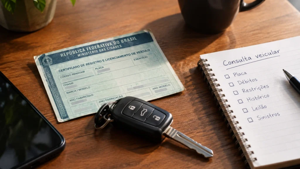 Imagem de um caderno com aspectos de consulta veicular ao lado de documentos, celular e chave de carro em alusão a pauta "Consultar placa sem RENAVAM: é realmente possível?"