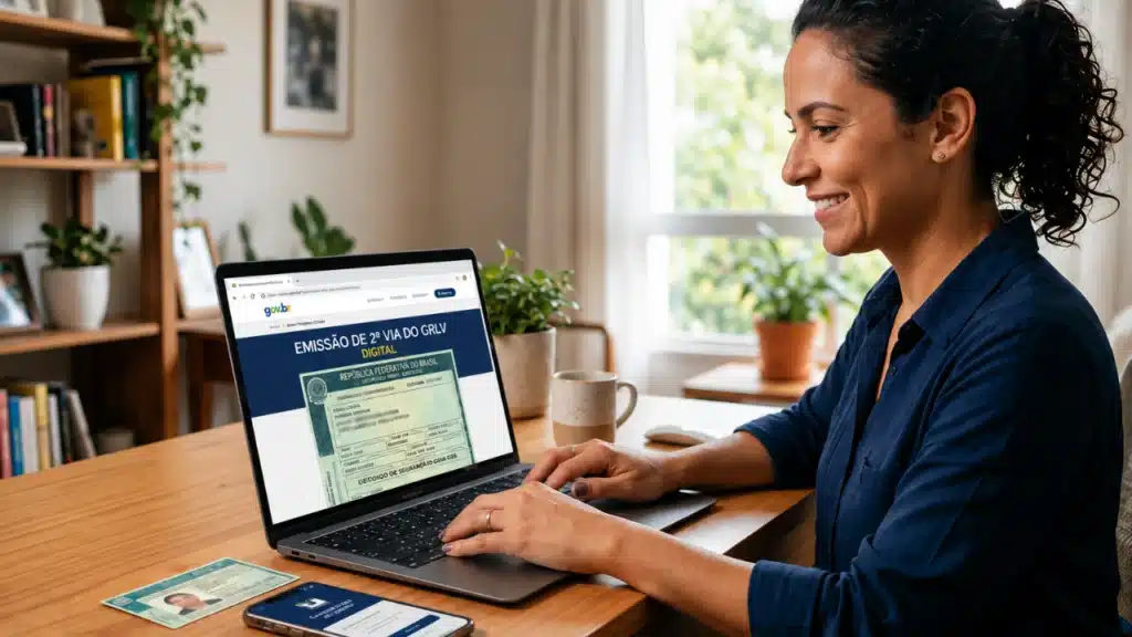 Foto de uma mulher em frente ao notebook em alusão a pauta "2ª via CRLV"