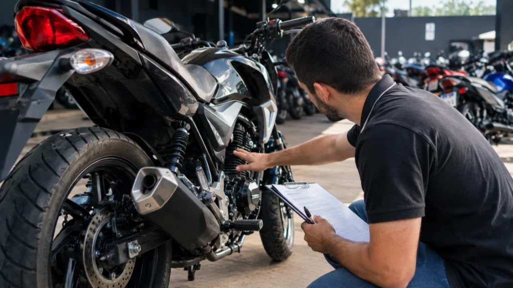 Pessoa branca realizando inspeção de motocicleta no pátio