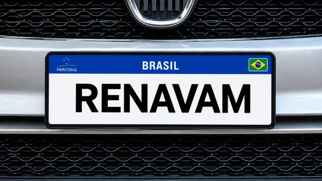 Imagem ilustrativa de uma placa de carro Mercosul com a descrição RENAVAM em caixa alta em alusão a pauta "Quantos números tem o Renavam? Entenda o código e saiba onde consultar"