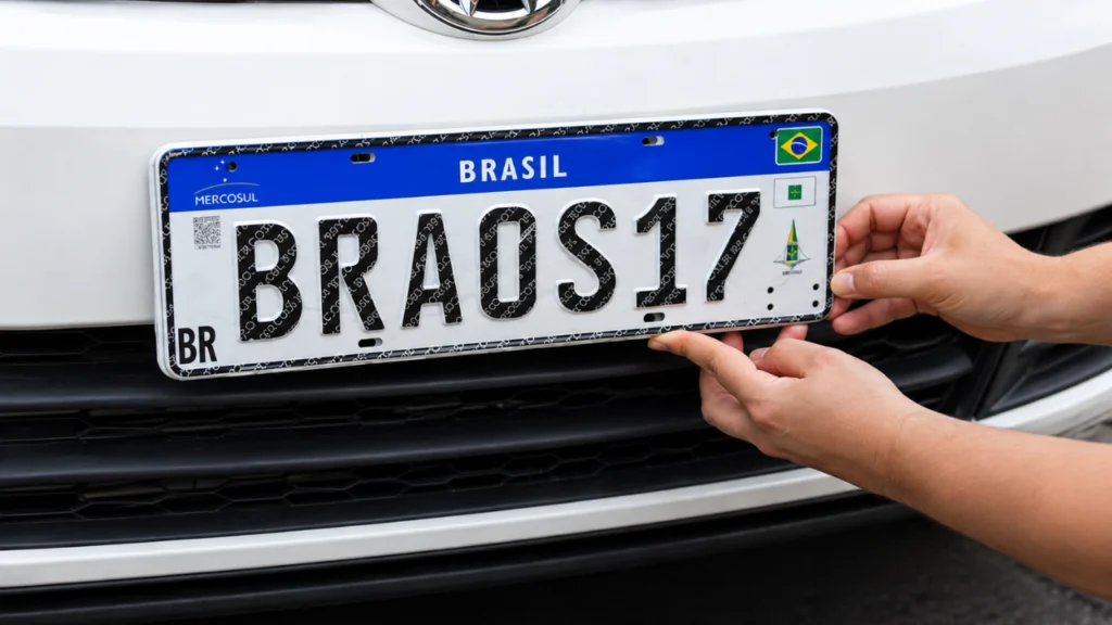 Pessoa mexendo em placa de carro em alusão a pauta "RENAVAM muda quando transfere? Entenda o que acontece na venda do veículo"