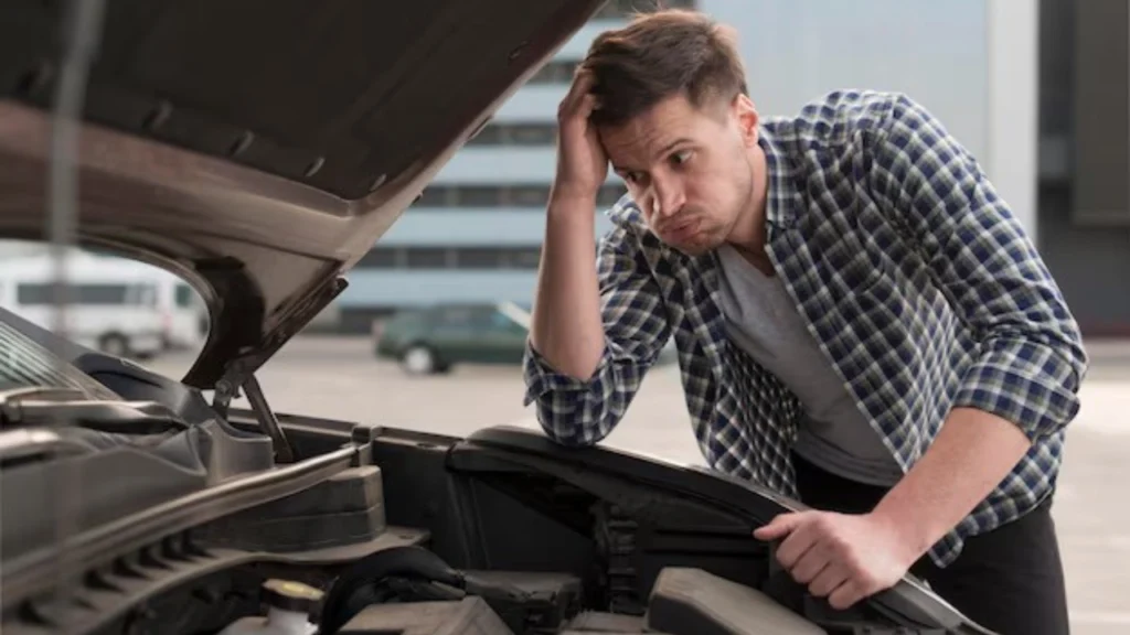 Foto de pessoa de cor branca (caucasiana), vestindo camiseta flanela com expressão de tristeza e apreensão por estar com problemas mecânicos em seu carro
