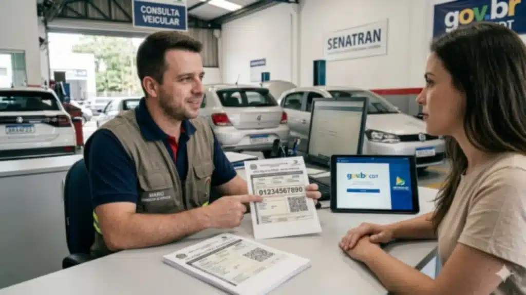 Pessoa sendo atendida sobre uma questão veicular em alusão a postagem sobre o que é Renavam