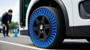 Pneu AirFree da Bridgestone elimina a necessidade de calibragem e furos ao utilizar estrutura de resina termoplástica em testes reais de transporte autônomo realizados no Japão com veículos de baixa velocidade