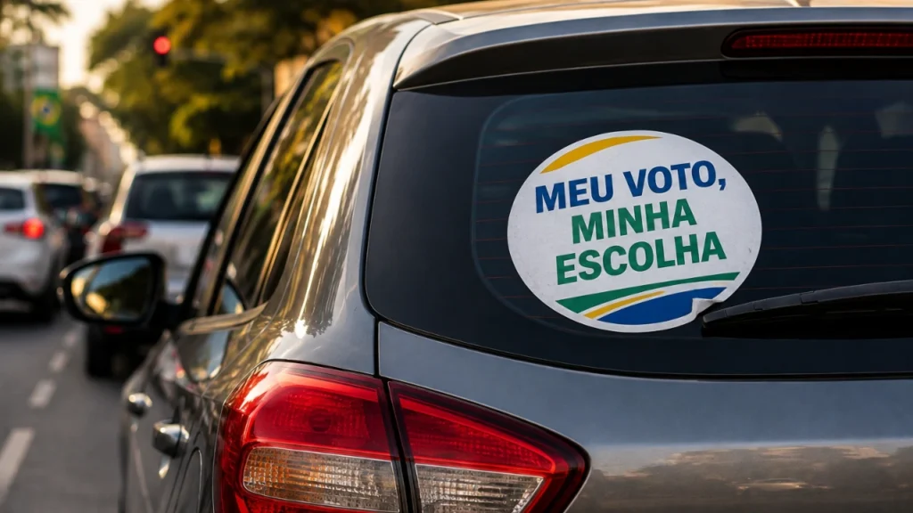 Carro com adesivo em alusão a pauta "Vai adesivar o carro para as eleições? Veja o erro que pode sair caro"