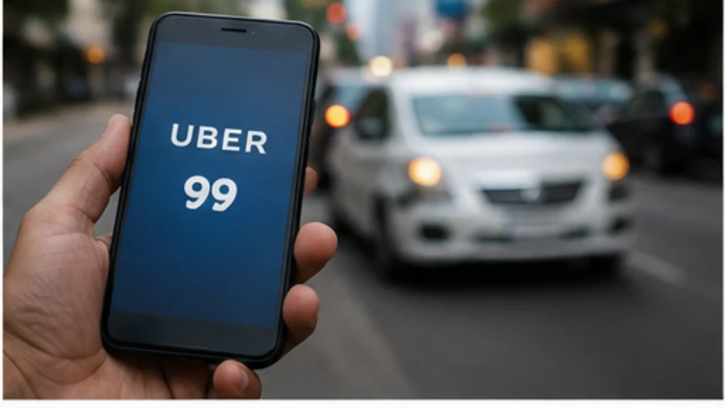 Pessoa com celular em mãos acionando o uber e o 99 em alusão a pauta "Vai adesivar o carro para as eleições? Veja o erro que pode sair caro"