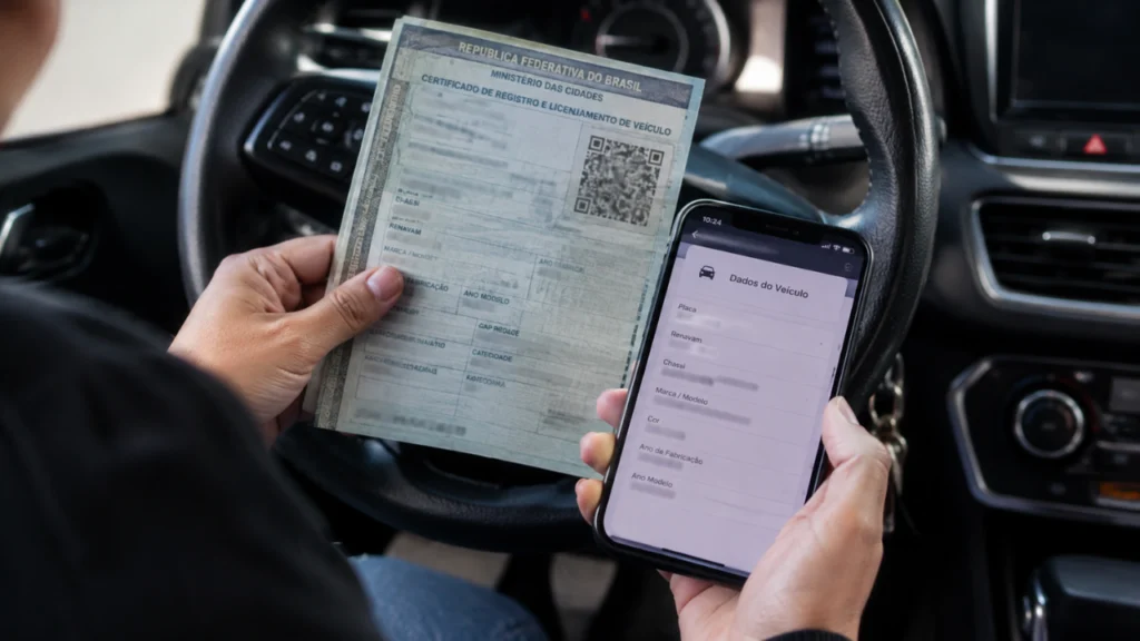 Foto de uma pessoa realizando consulta de documentos no carro em alusão a pauta "Consultar histórico do veículo grátis ou pedir relatório completo? Veja quando vale a pena"