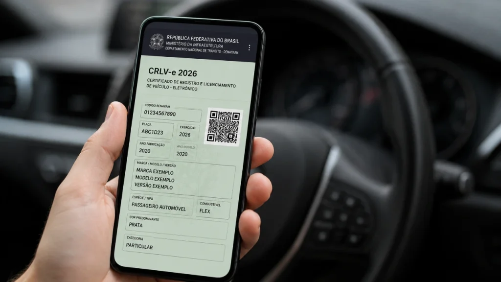Pessoa dentro do carro consultando CRLV em alusão a pauta "CRLV 2026: tudo o que você precisa saber sobre o documento do veículo"