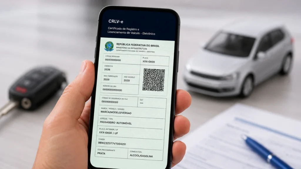 Imagem ilustrativa com carro de brinquedo e pessoa com celular e documento de CRLV em alusão a pauta - CRLV 2026: tudo o que você precisa saber sobre o documento do veículo 