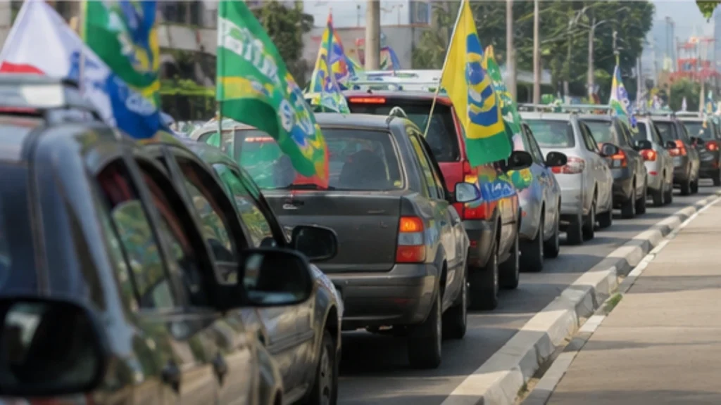 Frota de carros com bandeiras políticas ilustrativas em alusão a pauta "Vai adesivar o carro para as eleições? Veja o erro que pode sair caro"