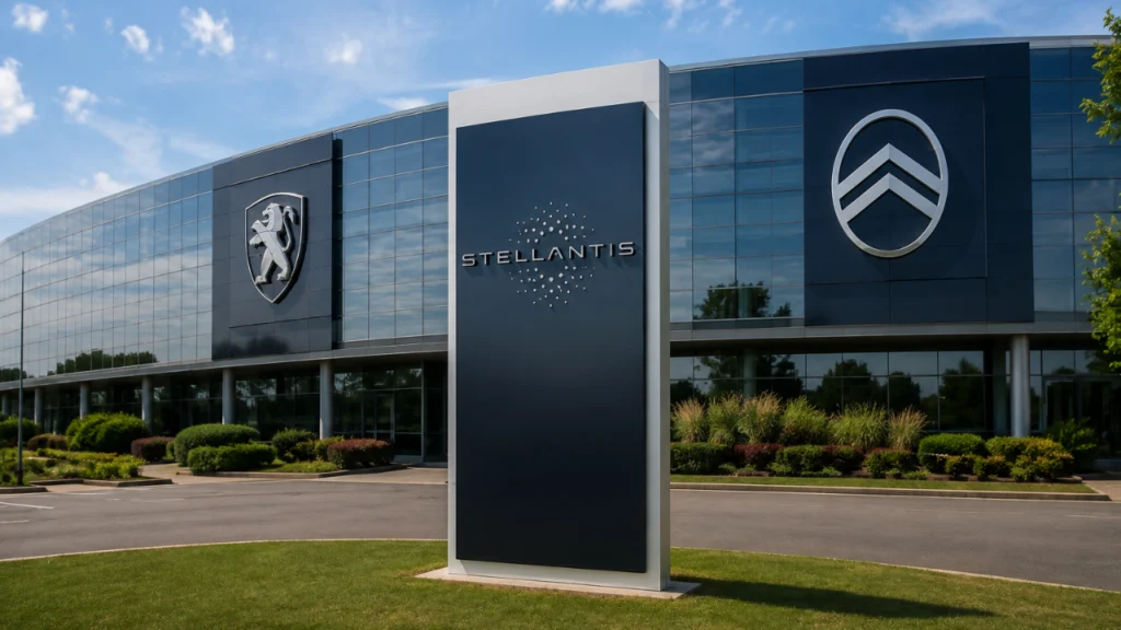 Totém da Stellantis com as macas peugeot e Citroën ao fundo