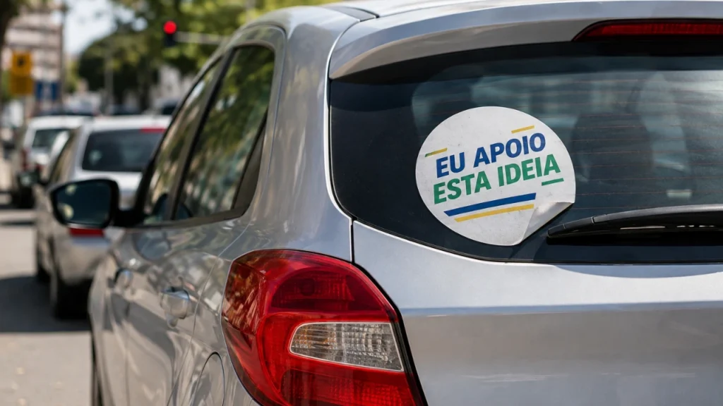 Veículo com adesivo relacionado a campanha eleitoral em alusão a pauta "Vai adesivar o carro para as eleições? Veja o erro que pode sair caro"
