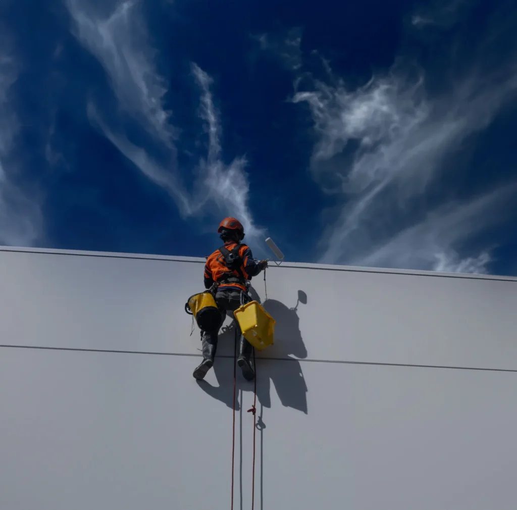Pintor profissional pintando a parede de um edifício