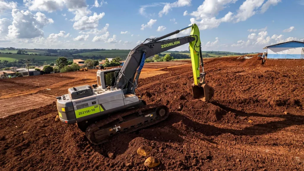 Trator ou retroescavadeira realizando limpeza de terreno em canteiro de obras