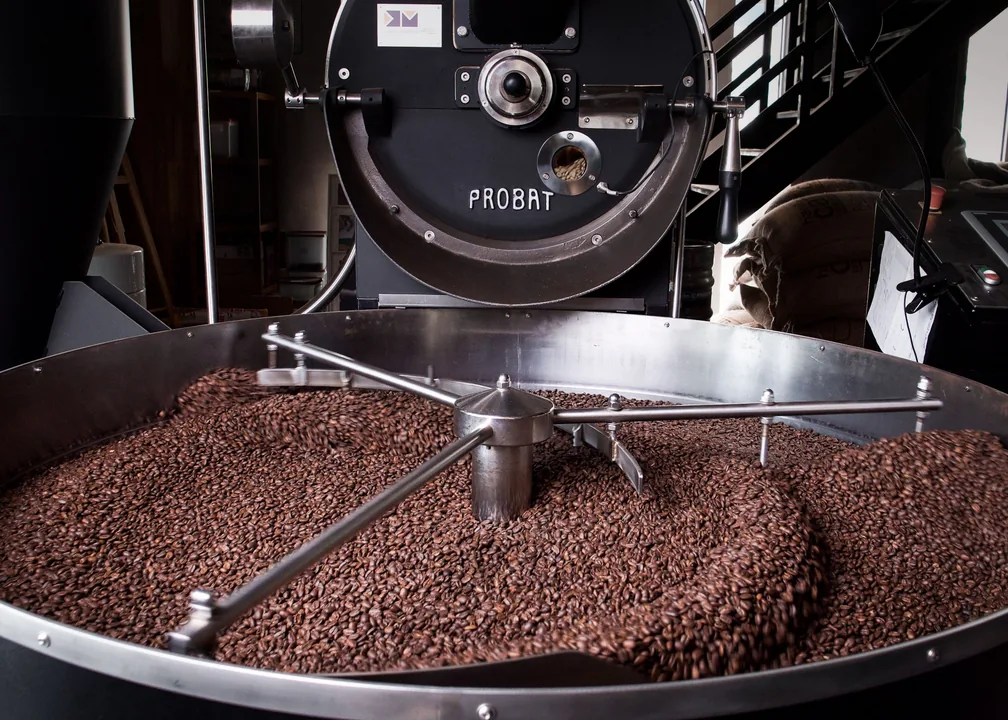 Grãos de café sendo torrados em torrefatora industrial
