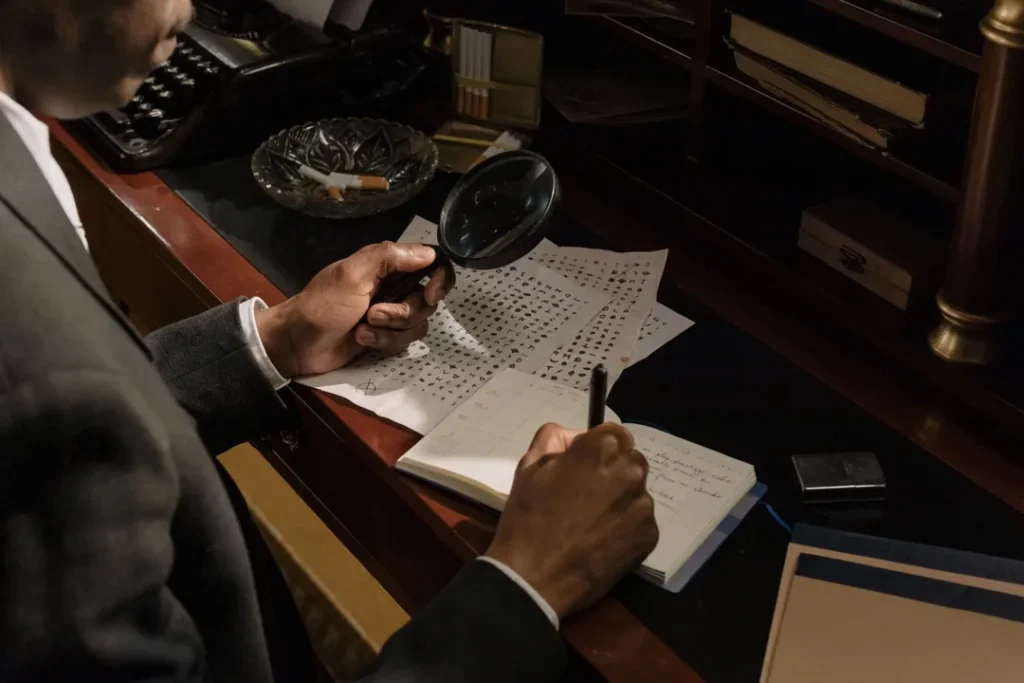 Detetive particular analisando documentos e lupa em uma mesa de escritório