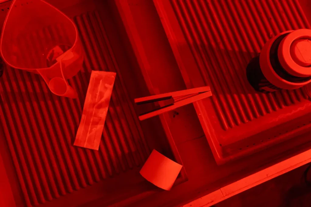 Laboratório fotográfico com equipamentos de revelação e filmes