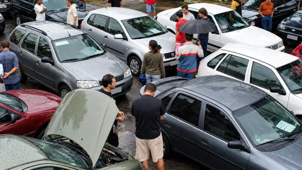 Foto com pessoas e muitos carros populares