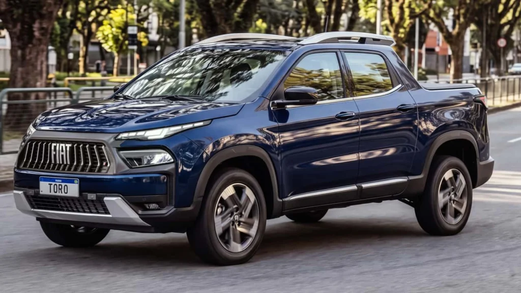 Picape compacta Fiat Toro Volcano na cor azul marinho