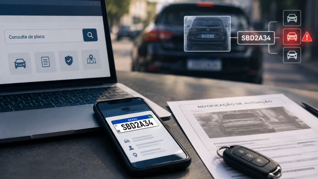 Imagem de capa de uma consulta de placa de veículo no celular e notebook e com um carro, na cor preta