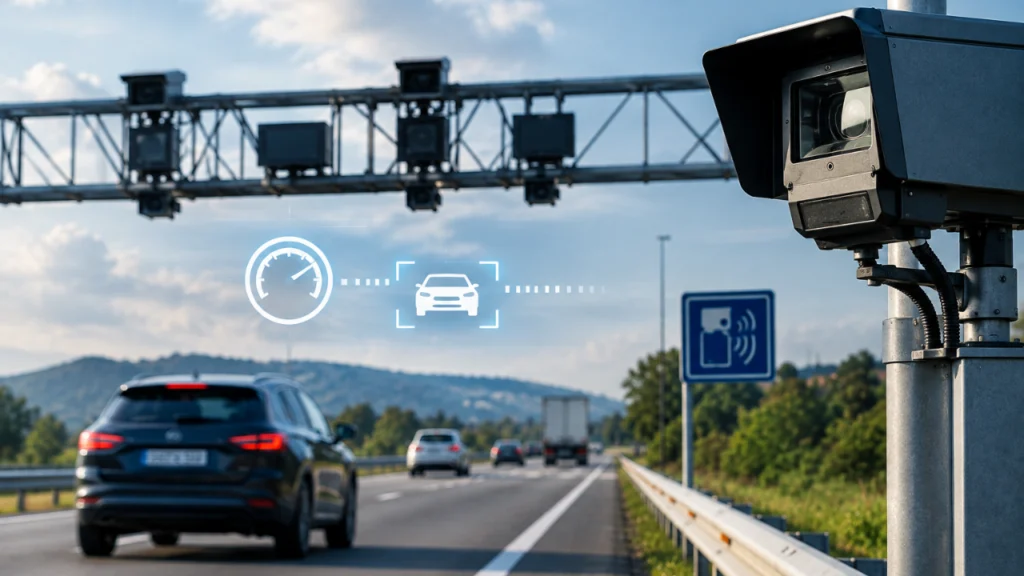 Imagem ilustrativa de carros transitando em segundo plano, com um radar de velocidade em primeiro plano