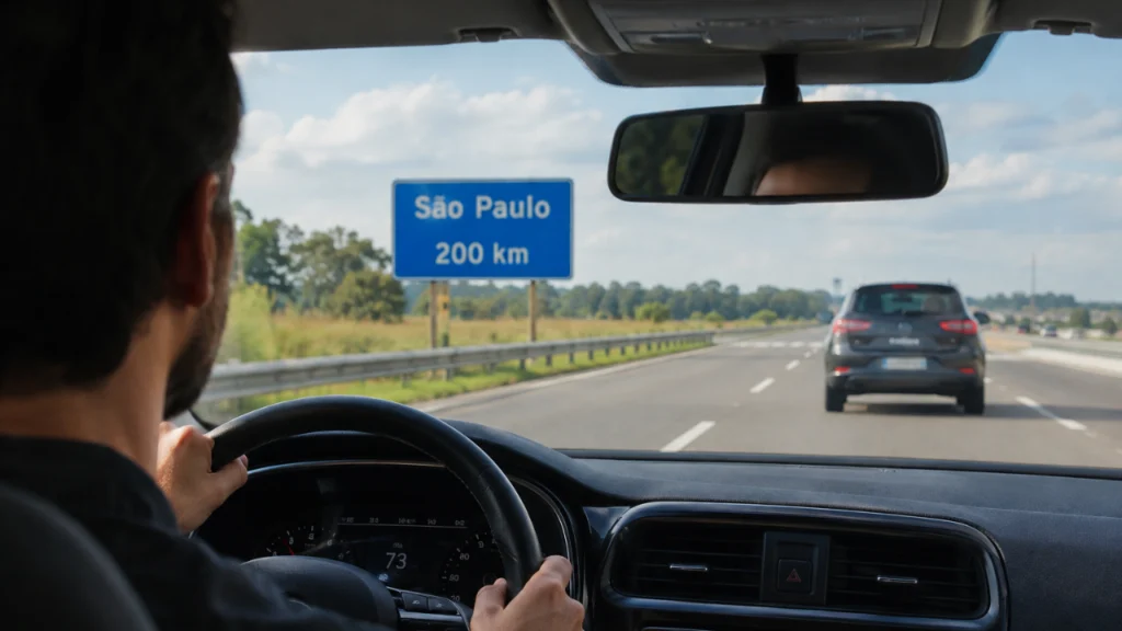 Pessoa dirigindo rumo a São Paulo pela Rodovia em alusão a pauta "Carro com placa de outro estado: isso muda alguma coisa na consulta?"